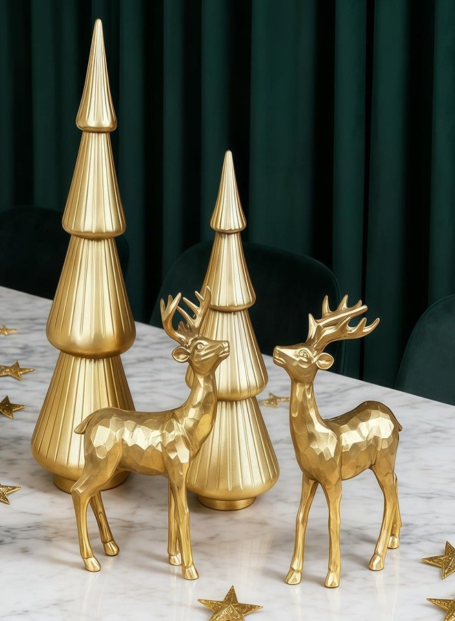 Stentec Set of 4 Christmas Table Decorations, 2 Xmas Trees & 2 Reindeer, Vintage Resin Golden Christmas Figurines for Dinner Party Supply, Tabletop Ornament Winter Mantle Fireplace Shelf Centerpieces - Image 1